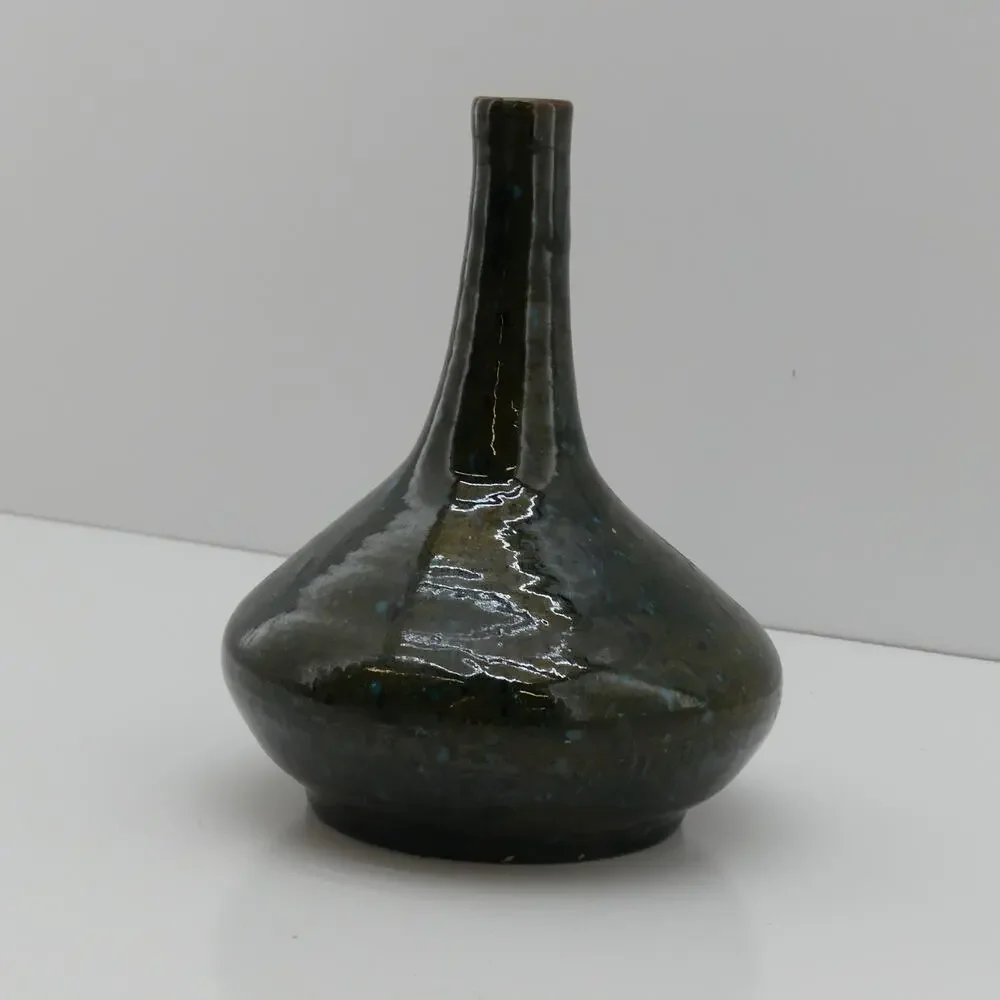 Studio Art Pottery Bottle Vase Green Blue Speckled Glaze Handmade Ceramic Decor
